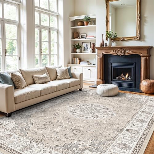 10x14 Washable Vintage Area Rug - Large Rugs for Living Room Soft Stain Resistant Carpet with Non-Slip Backing Low Pile Water Resistant Rug for King Size Bed Pet Friendly Home Decor Mat(10x14 Beige)