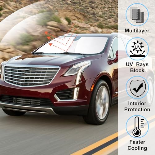 Image of Windshield Sun Shade Custom Fit for 2017-2024 2025 2026 Cadillac XT5 Accessories Foldable Sunshade Sun Blocker Protect Car from Sun Rays & Heat Damage Keep Car Cooler