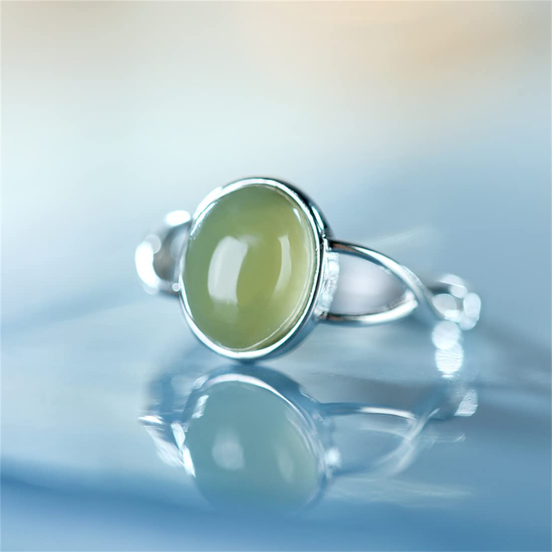 Anillo ajustable plata ley forma huevo jade, elegante anillo plata ley S925 mujer