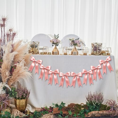 Image of 2 Strings of 16PCS Rose Gold Pink Bow Garlands Banner Decoration,Pre-Strung Satin Ornaments for Birthday,Bachelorette Party,Bridal Shower,Wedding,Engagement,Baby Shower,Graduation Decor,Anniversary