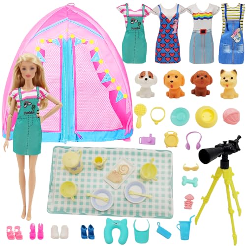 43 Stück Puppen Kleidung Camping Sets Kompatibel mit Barbie 11.5 Zoll, Moden Bunte Puppensachen 1 Zelt 4 Röcke 1 Fernglas 4 Paar Schuhe 33 Zubehör für 11.5inch Puppe Mädchen Geschenk Mädchenspielzeug