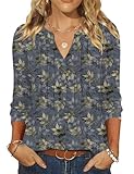 LOMON Business Casual Tops for Women 3/4 Sleeve T Shirts for Women Womens Summer Clothes Tunic Tops Work Shirts Gray Blue Floral M