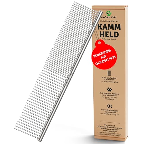 NEU! Profi Hundekamm zur Fellpflege von mittlerem & langem Haar bei Hunde & Katzen, Pudel, Goldendoodles I Golden Pets kompatibel - Gegen Knoten und zum Finish I + neues E-Book Größe M-L