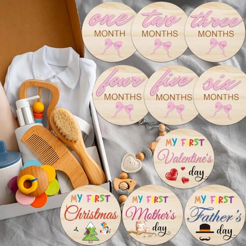 Image of Wooden Baby Monthly Milestone Cards | 3D Double-Sided Pink Number 1 to 12 Month Milestone Sign Baby First Holiday Newborn Photo Props Baby Shower Gifts for Girls (Monthly Milestone Signs)