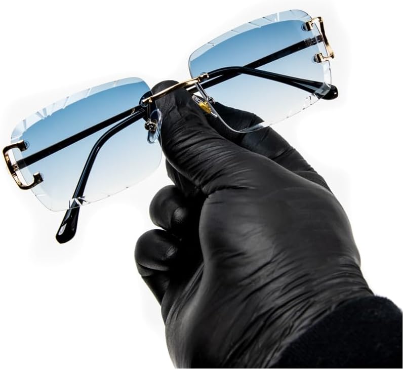 Luxury Unisex Square Rimless Gem Cut Trendy Retro 90's Hip Hop Hand Carved lens Baby Blue Tint Lens Gold Wire Frame Sun Glasses Frameless Rectangle Summer Shades Sunglasses For Men And Women