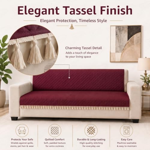 Image of Lukzer Quilted Sofa Cover Mat with Tassels for 3 Seater Sofa - Cranberry Red | Soft Washable Anti-Slip Protector for Living Room | Furniture Cover for Back-Seat Slipcover 180X150CM / SC-194-3T