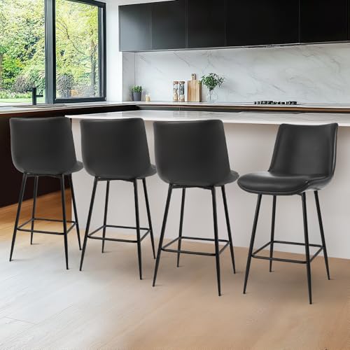 VATROS Counter Height Bar Stools Set of 4, FSC Certified Upholstered Faux Leather Bar Stools Set of 4 with Back, Metal Base, 27" Seat Height, Modern Upholstered Barstool for Kitchen Island,(Black