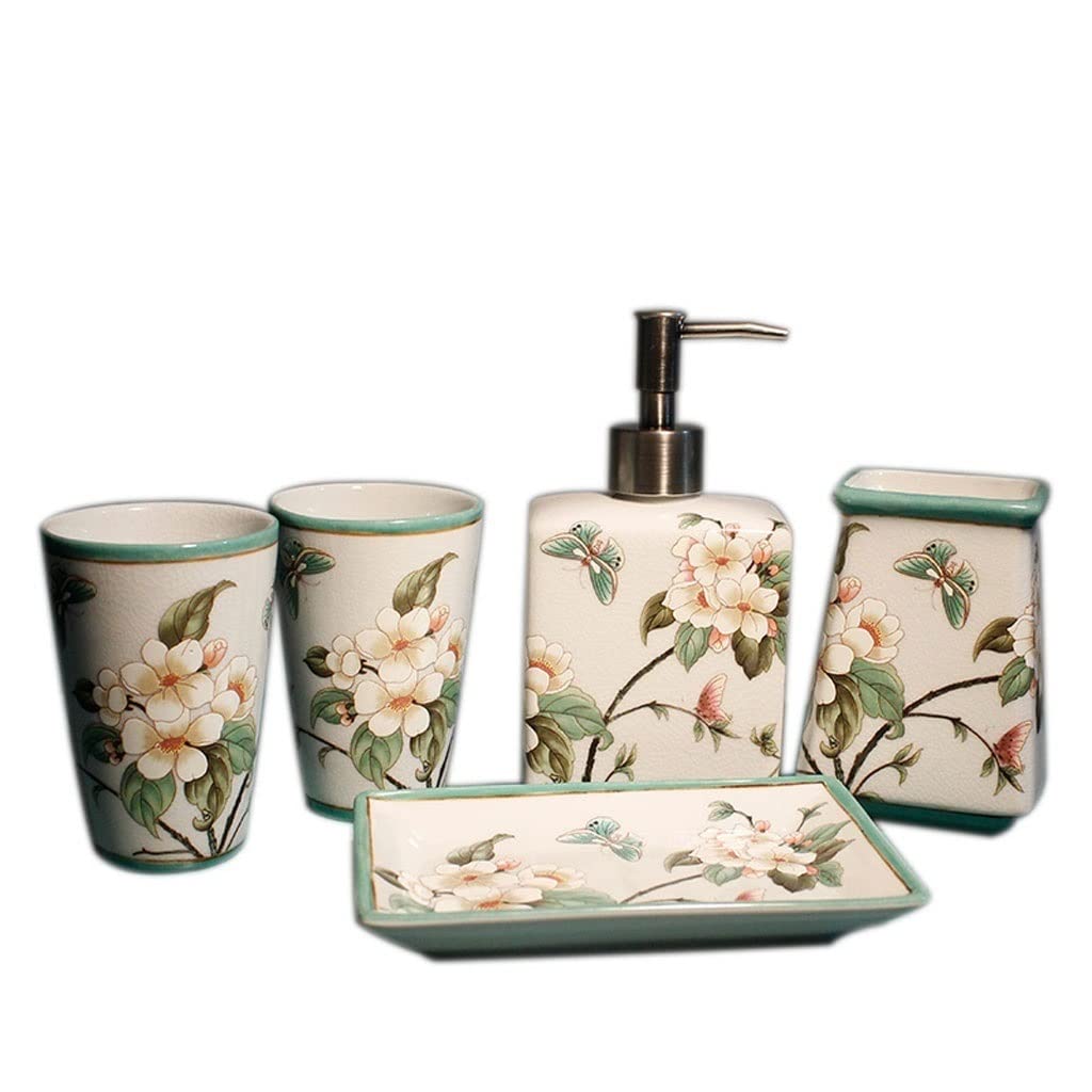 Dozownik Mydła Do Lazienki Zestaw dozownika do mydła do mydła ceramicznego, dozownik mydła, uchwyt do szczoteczki do zębów, płukanie do płukania jamy ustnej, danie do mydła, pięcioczęściowy zestaw toa