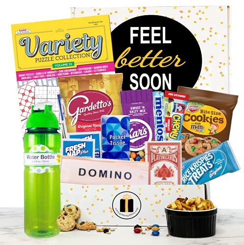 Get Well - Feel Better Soon Gift Care Package - Includes Boredom Busters, Snacks, Water Bottle, More - Several to Choose from (Feel Better Soon- for Those Recovering from Injury or Social Distancing)