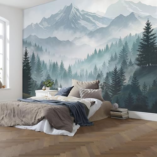 Grand Format Papier Peint Intissé Forêt Verte et Montagne Enneigée