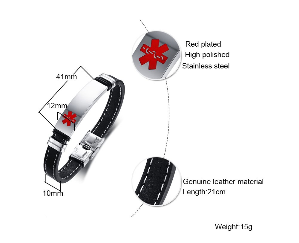 VNOX Pulsera Personalizada del Brazalete del Cuero Genuino Identificación Médica Alerta Acero Inoxidable,Grabado Libre