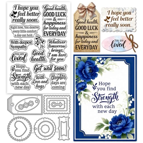GLOBLELAND Get Well Soon Blessings Clear Stamps and Cutting Dies Set Best Wishes Silicone Clear Stamps and Metal Lable Frame Die Cuts for Card Making and DIY Scrapbooking