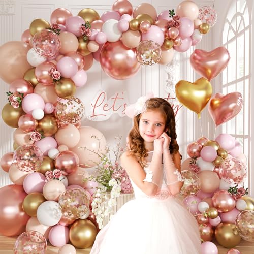 Image of Rose Gold Balloon Garland Arch Kit, 140Pcs Nude Pastel Pink Metallic Gold White Balloons Gold and Rose Gold Confetti Balloons with Heart Foil Balloon for Wedding Bridal Birthday Party Decorations