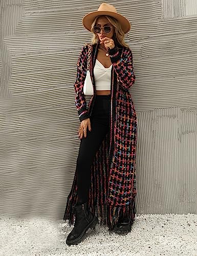 Perbai Womens Boho Cardigan Sweater Open Front Fringed Tassels Aztec Maxi Cardigan Jacket2