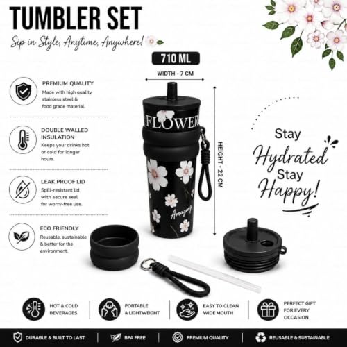 Image of STARFLYER Stylish Reusable Drinking Cup for Water, Juice & Cold Beverages | Portable Travel for Home, Office & Daily Use. (700ml Black Flower)