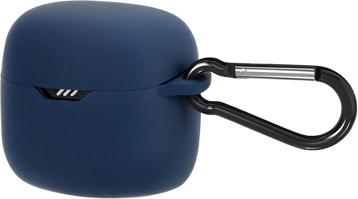 Geekria Silicone Case Cover Compatible with JBL Tune Flex True Wireless Earbuds Charging Case, Protective Sleeve with Carabiner and Charging Port Access, Dark Blue