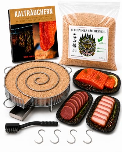 Kaltrauchgenerator/Räucherschnecke für Räucherofen + 1 2 kg Räuchermehl Buche + 4 Fleischhaken & Reinigungsbürste Edelstahl-Spirale für Fleisch Fisch Wurst Inkl. PDF-Ratgeber (Gratis)
