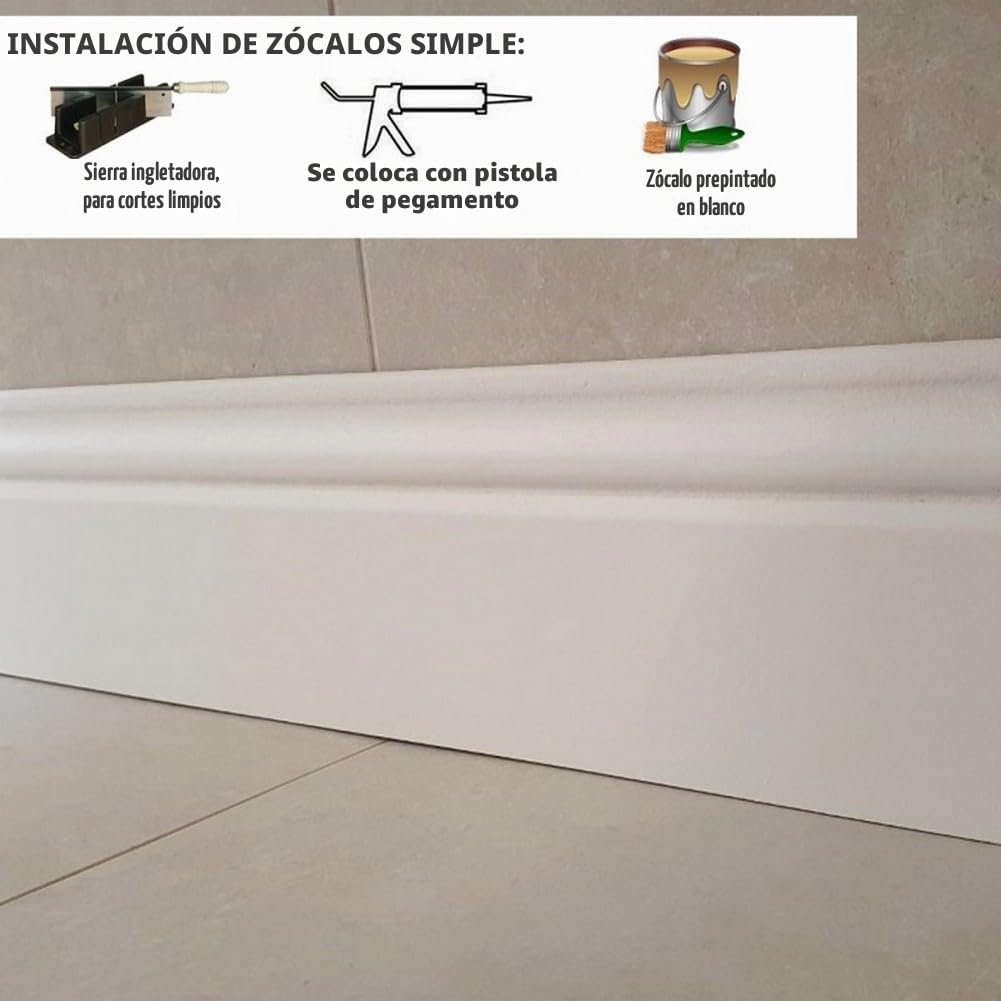 MadeInNature, Zócalo de medio moldeado de estilo Luis XV prepintado blanco de muy alta calidad, diferentes dimensiones, fabricación francesa (largo. 2 m Altura 8 cm, 6 ml)