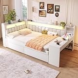 Merax Kinderbett 140x200 cm Tagesbett mit gepolstertem Kopfteil, LED-Ablagefach, Multifunktionsbett mit Schreibtisch, USB-Steckdose und 2 Schubladen, Holzbett mit Lattenrost (Ohne Matratze), Weiß