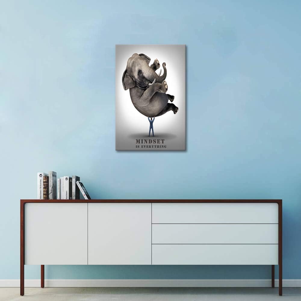 Office Wall Art Motivational Posters Businessman Lifting An Elephant Canvas Painting Pictures Mindset is Everything Print Poster Artwork Wooden Framed Home Decor for Living Room Bedroom-12 Wx16 H - Image 4