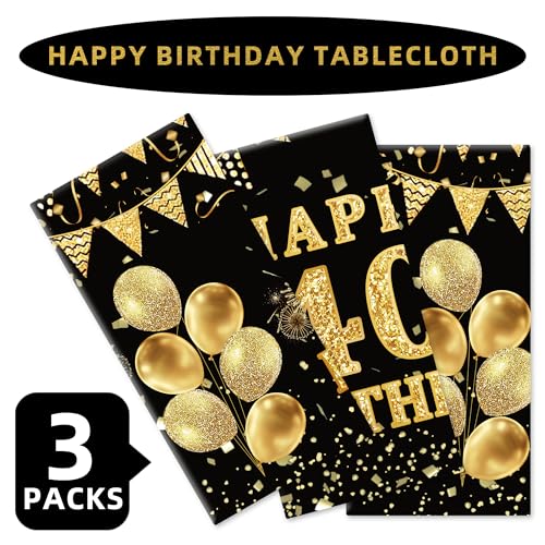 Image of Labeol 3 Pack 40th Birthday Tablecloth, Black and Gold Happy 40th Birthday Decorations, Disposable Plastic Rectangular Table Cover Party Supplies for Men Women