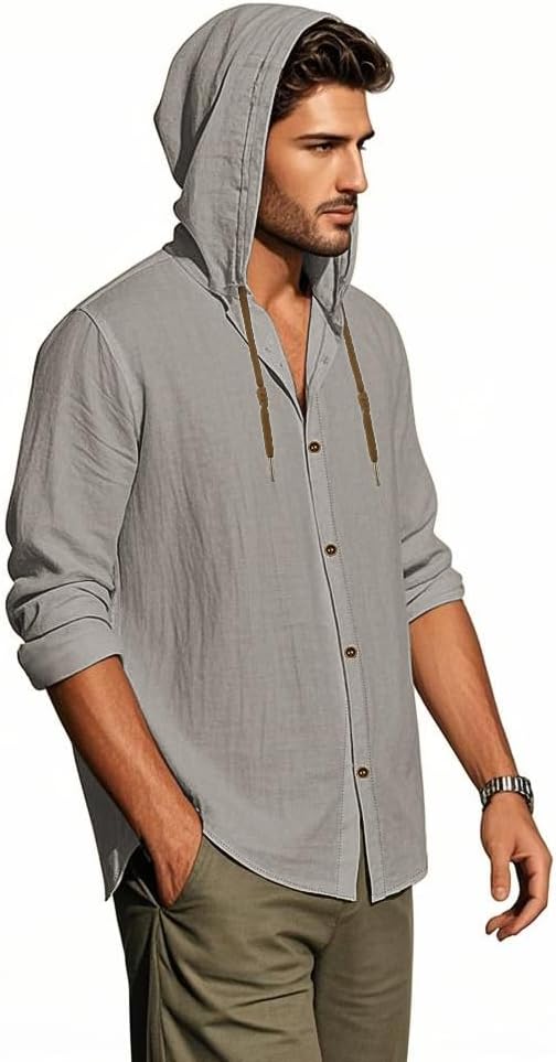 Men Cotton Linen Long Sleeve Button Down Shirt Summer Casual Hawaiian Beach Tops Lightweight Fashion Hoodies - Image 3