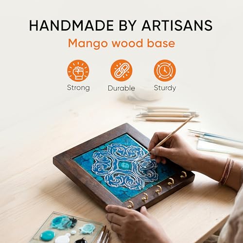 Image of AAKRITI ART CREATIONS Key Holder, Blue Daisy Handcrafted Key Holder Panel | Rustic Ceramic & Wood Wall Organizer with 5 Hooks | New Home Gifts | Multifunctional Entryway Decor.