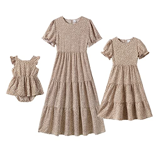 IFFEI Mommy and Me Dresses Summer Casual Boho Matching Outfits Ruffle Puff Sleeve High Waist Midi Beach Maxi Dress 4-5Y Khaki