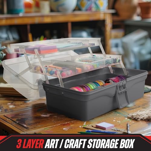 Stalwart - 14” Plastic Tackle Box Organizer - 3-Layer Portable Sewing Box, Art Caddy, Craft Storage, First Aid Medicine Utility Toolbox or Hair Accessories Organizer with Latch and Handle (Gray) by Stalwart - Image 4