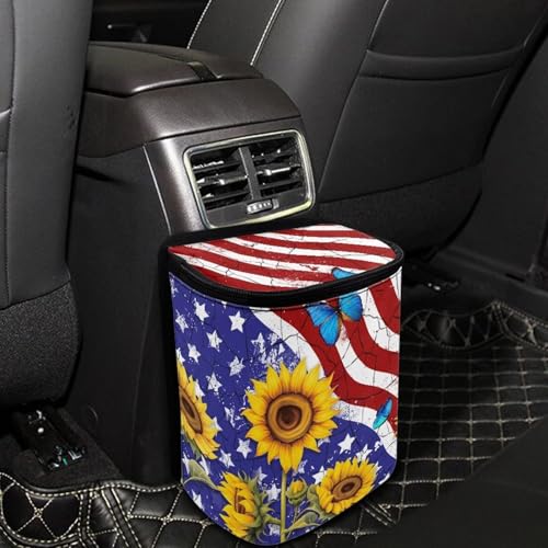 Image of 4th of July Car Trash Can with Lid Hanging Car Trash Bag Leak-Proof Portable Cars Garbage Bin Sedan Accessories Interior Cars Organizer, USA Flag Sunflower Print