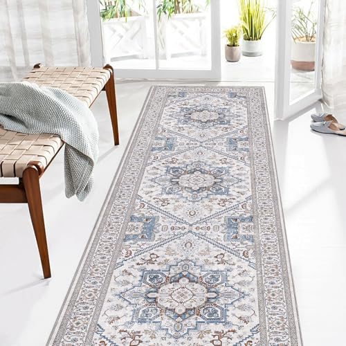 OPPODREAM Soft Entryway Rug 2x8, 2x8 Rug Runner, Neutral Washable Hallways Carpet 2 x 8 with Non Slip Backing, Low-Pile Bedside Carpet 2 x 8, Long, Faux Cashmere, Cream White & Blue & Light Brown