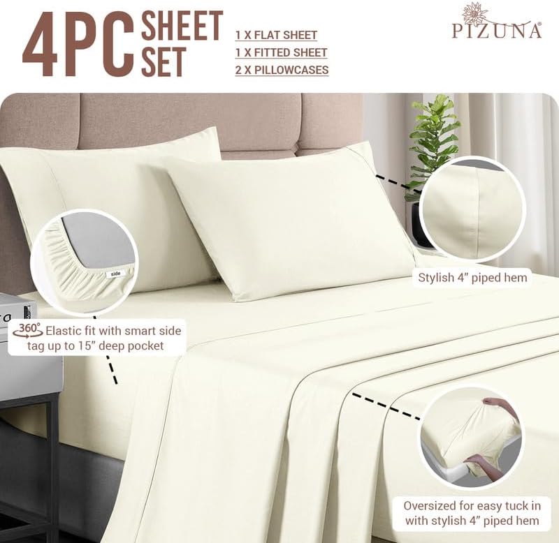 Miniatura 3 de Pizuna 400 - Ropa de cama de tejido de satín 100 % algodón de fibras largas (juego de sábanas, juego de funda de edredón)