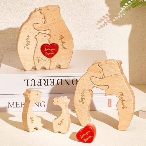 VEELU Personalisiertes Holzkunstpuzzle der Bärenfamilie mit 2-6 Namen| Holz Bär Skulpturen Desktop Ornament Home Tischdekoration, Geschenk für Familie, Muttervatertag Geburtstag