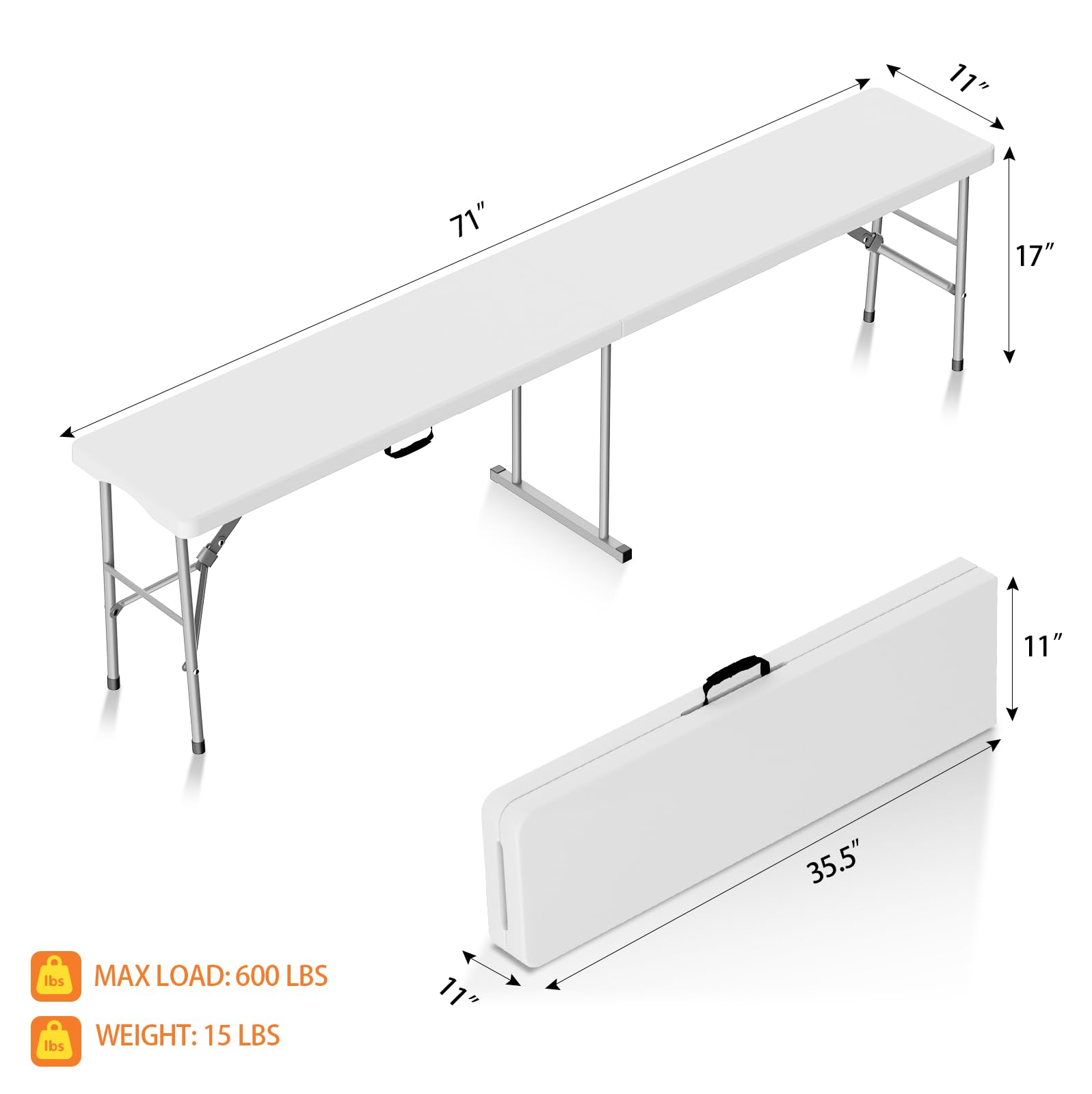 Banco plegable de 6 pies, banco de plástico plegable con asa y mesa de polietileno de alta densidad suave, asiento de picnic portátil en exteriores, camping, comedor, paquete de 2, color blanco 2