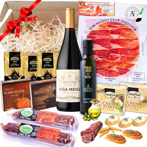 Cesta Gourmet para Regalar ACROL, Vino tinto 75 cl, Jamón, AOVE 250 ml, chorizo y salchichón, cremas torta Oveja y Cabra, sobrasada y pate iberico, regalos para hombre, regalo original mujer