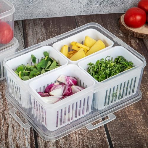 Image of VYOOx Fridge Storage Box with Lid & 4 Compartments | Refrigerator Organizer Basket for Fruits, Vegetables, Onion, Garlic & Herbs | Plastic Food Storage Container for Kitchen & Fridge
