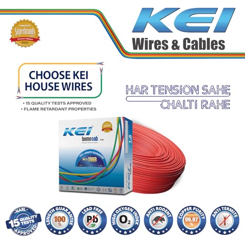 Image of KEI WIRES & CABLES Homecab 6 sqmm 1 Core Copper Flame Retardant House Wire PVC Insulated Cable for Domestic & Industrial Electrical Wiring (Red, 90 Meters)