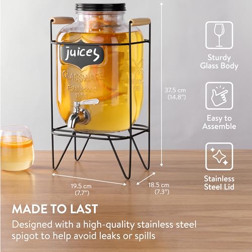 Navaris Dispenser per Bevande in Vetro 5 Litri - Distributore Acqua con Rubinetto e Supporto in Ferro - Inclusi Infusore Frutta e Porta Ghiaccio - Drink Dispenser per Bibite Fredde - immagine 4