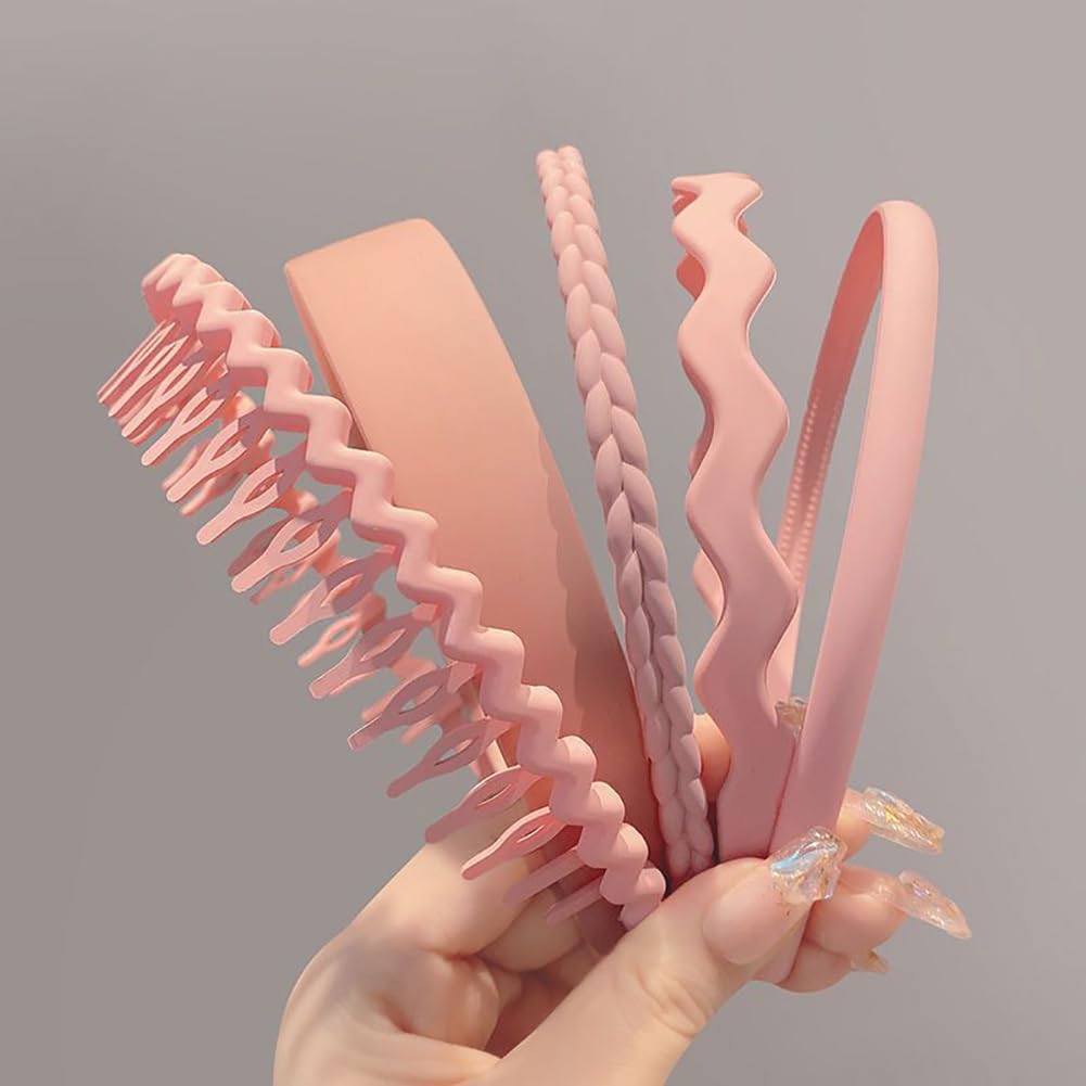 5 Pcs Plastic Plain Wide Headbands Skinny Hair Bands with Wavy Braided Non-Slip Teeth Comb Fashion Accessories for Women and Girls in Pink - Image 2