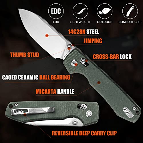 Image of Vosteed Raccoon EDC Folding Pocket Knife - 3.25 inch 14C28N Satin Blade, Crossbar Lock - Green Micarta Handle for Hiking, Hunting - A0503