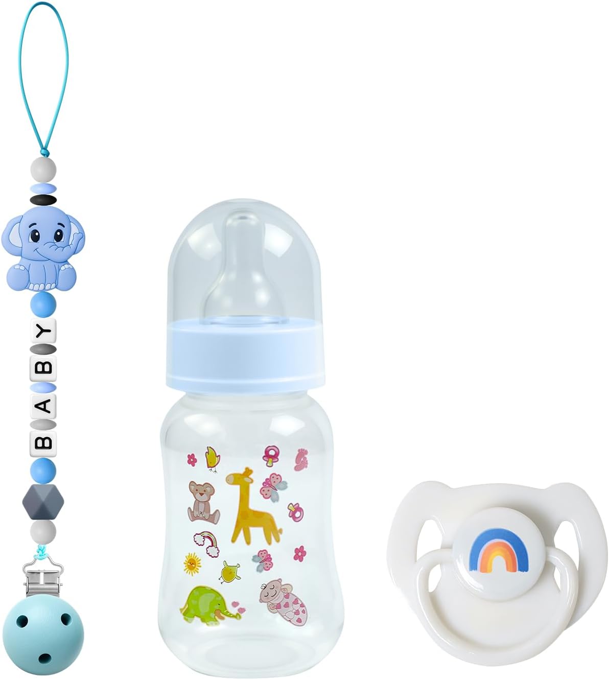 SCOM Reborn Baby Doll Accessories Set - Rainbow Magnetic Pacifiers & Removable Reusable Baby Doll Bottles with Silicone Pacifier Clips for Reborn Dolls Boys for Doll Lover, Blue Style, 3 Pcs