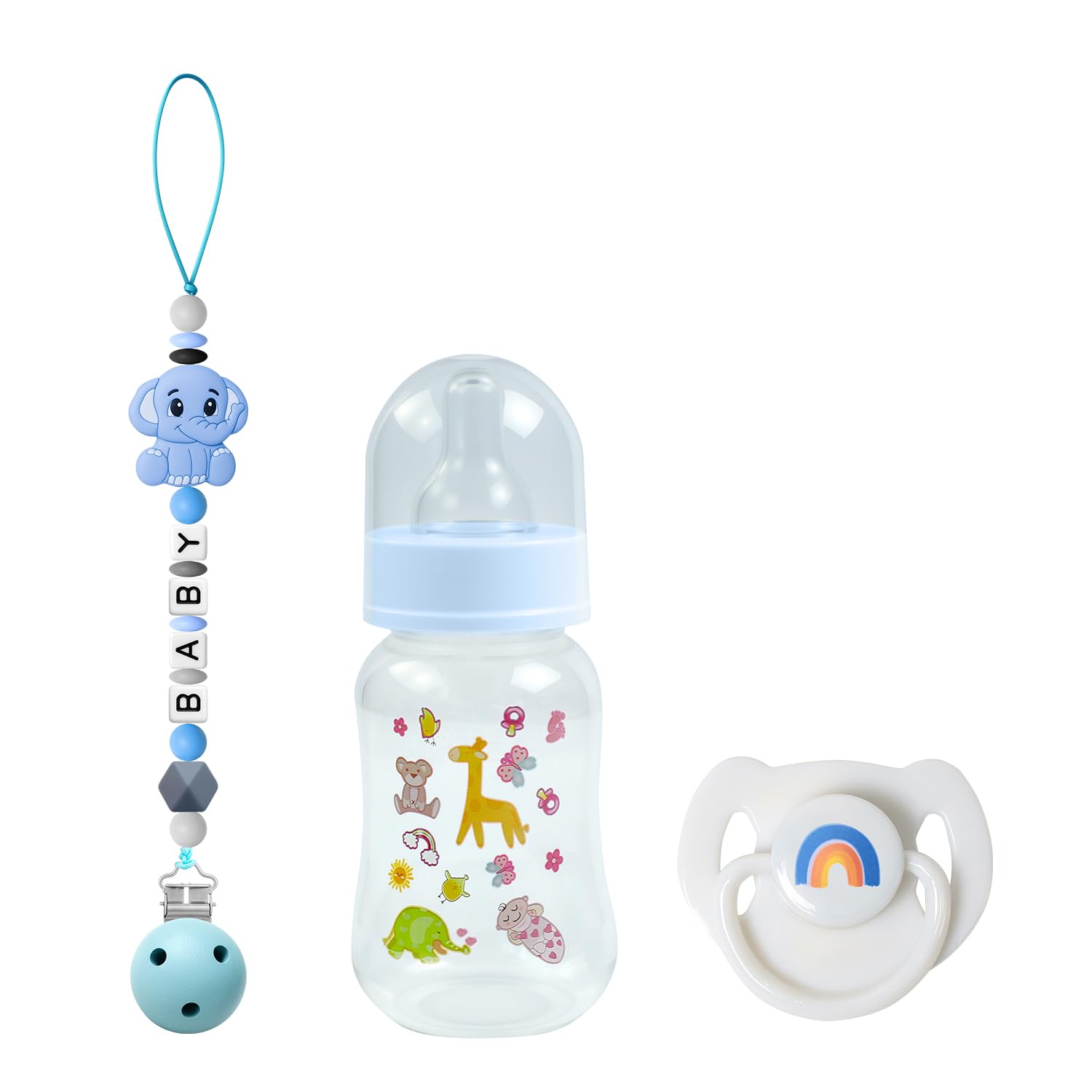 SCOM Reborn Baby Doll Accessories Set - Rainbow Magnetic Pacifiers & Removable Reusable Baby Doll Bottles with Silicone Pacifier Clips for Reborn Dolls Boys for Doll Lover, Blue Style, 3 Pcs