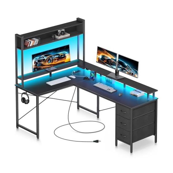 Seventable L Shaped Gaming Desk with Drawers, Reversible Computer Desk with LED Lights & Power Outlet, Home Office Desk with Monitor Stand, Hook, Corner Desk with Storage Shelves, Black