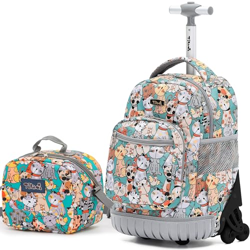 NEW TILAMI 16 Inch Rolling Backpack with Lunch Bag for Kids Adjustable Handle Carry-on Suitcase Wheels for Girls Boys School Travel Camping Teal Cat Print