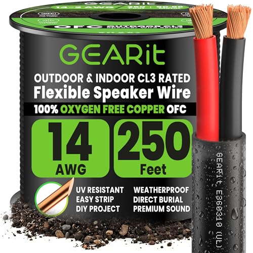 GEARit Speaker Wire 14 Gauge Black Wire 250 ft UL CL3 Rated, Copper Wire with Polarity Mark, Speaker...