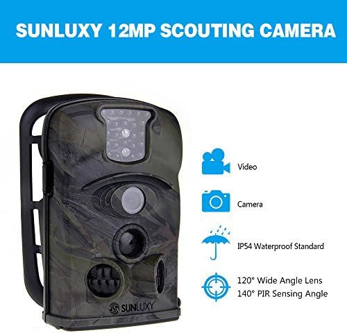 SUNLUXY® Videocamera Fotocamera da Caccia 12MP CMOS a Colori IR PIR Visione Notturna Grandangolare 140° Schermo LCD Hunting Camera Con Scheda SD 4GB - Camuffamento