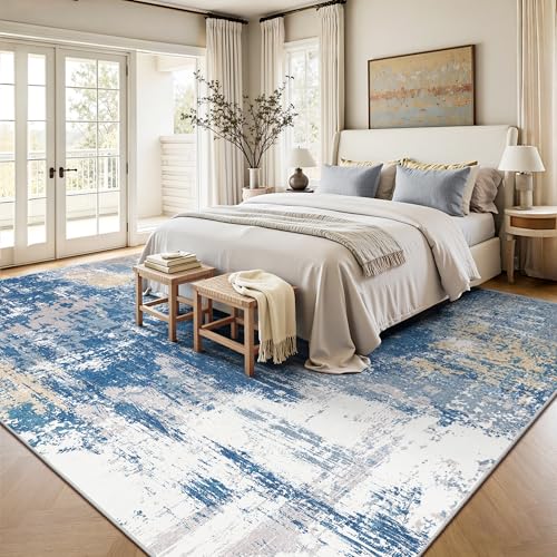 Image of 8x10 Rugs for Living Room - Modern Abstract Washable Rug, Ultra Soft Non Slip Low Pile Large Rugs, Floor Carpet for Bedroom Dining Room Office Laundry Nursery Home(Blue & Beige)