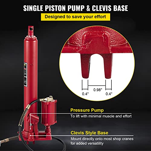 Image of VEVOR Hydraulic /Pneumatic Long Ram Jack, 8 Tons /17363 lbs Capacity, with Single Piston Pump and Clevis Base, Manual Cherry Picker w /Handle, for Garage /Shop Cranes, Engine Lift Hoist, Red
