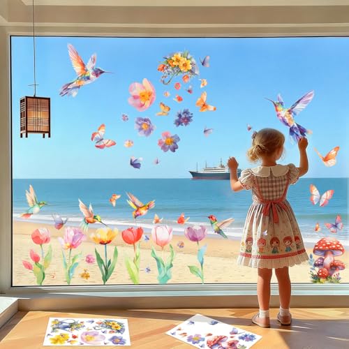 Fensterbilder Frühling, 9 Blatt Blumen Vögel Fenstersticker Frühling Selbstklebend Fensteraufkleber Wiederverwendbar Fensterfolie Beidseitig Fenster Sticker, für Kinderzimmer Küche Sommer Fensterdeko