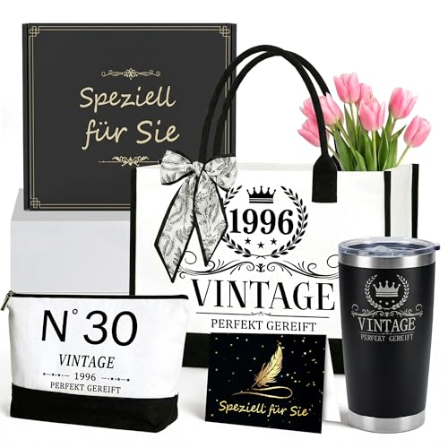 30. Geburtstag Geschenke für Frauen Canvas Tote: Vintage 1996 Leinwand Handtasche Set robust wiederverwendbar Geschenkset mit Kosmetiktasche Thermobecher für Schwester Frauen Freundin Geburtstag
